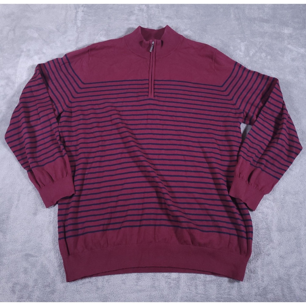 LL Bean Sweater Mens 2XL Tall Red Navy Striped 1/4‎ Zip Cotton Cashmere Blend